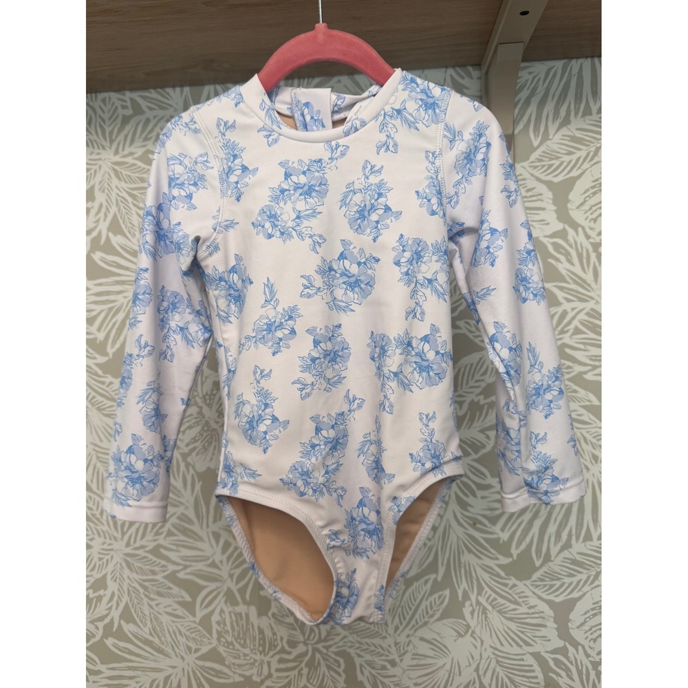 Shade Critters Girls 4T Long Sleeve One Piece Swimsuit Blue White Floral Toile